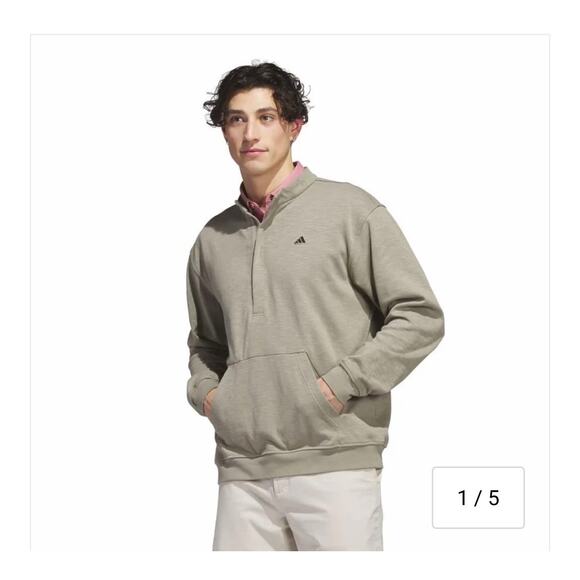 adidas Mens 1/2 Zip Pullover Shirt Kangaroo Pocket Large Golf Go-To Silver Green - Picture 1 of 6